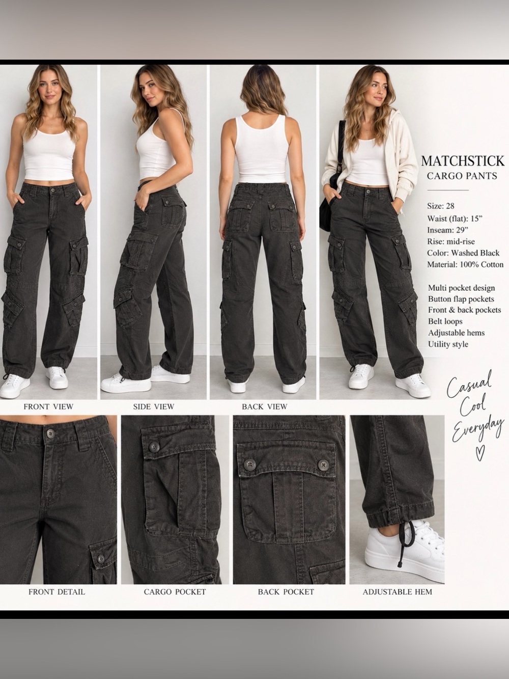 Matchstick Cargo Pants Size 28 Washed Black Multi Pocket Utility Y2K